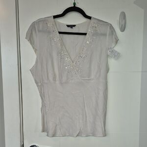 Reitmans Ivory V-Neck Sequin Trim Blouse